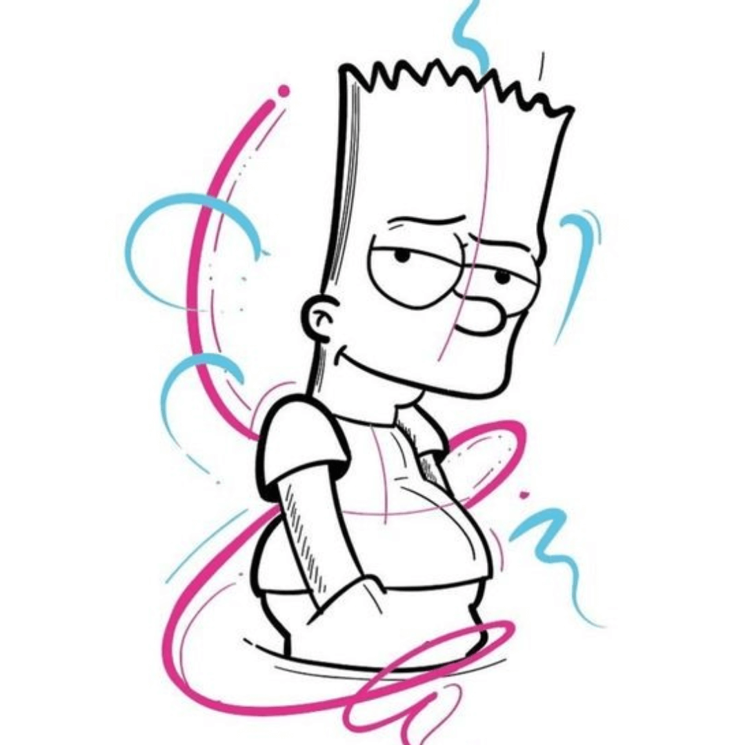 Imagen de Bart Simpson, en un estilo artístico de blanco y negro. Bart se presenta con una actitud desenfadada, con una mano en el bolsillo, mostrando su personalidad traviesa. Sobre la imagen, se superponen trazos estilo grafiti en tonos celeste y rosa, añadiendo un toque de dinamismo y originalidad. Esta imagen captura la esencia rebelde y juvenil de Bart.